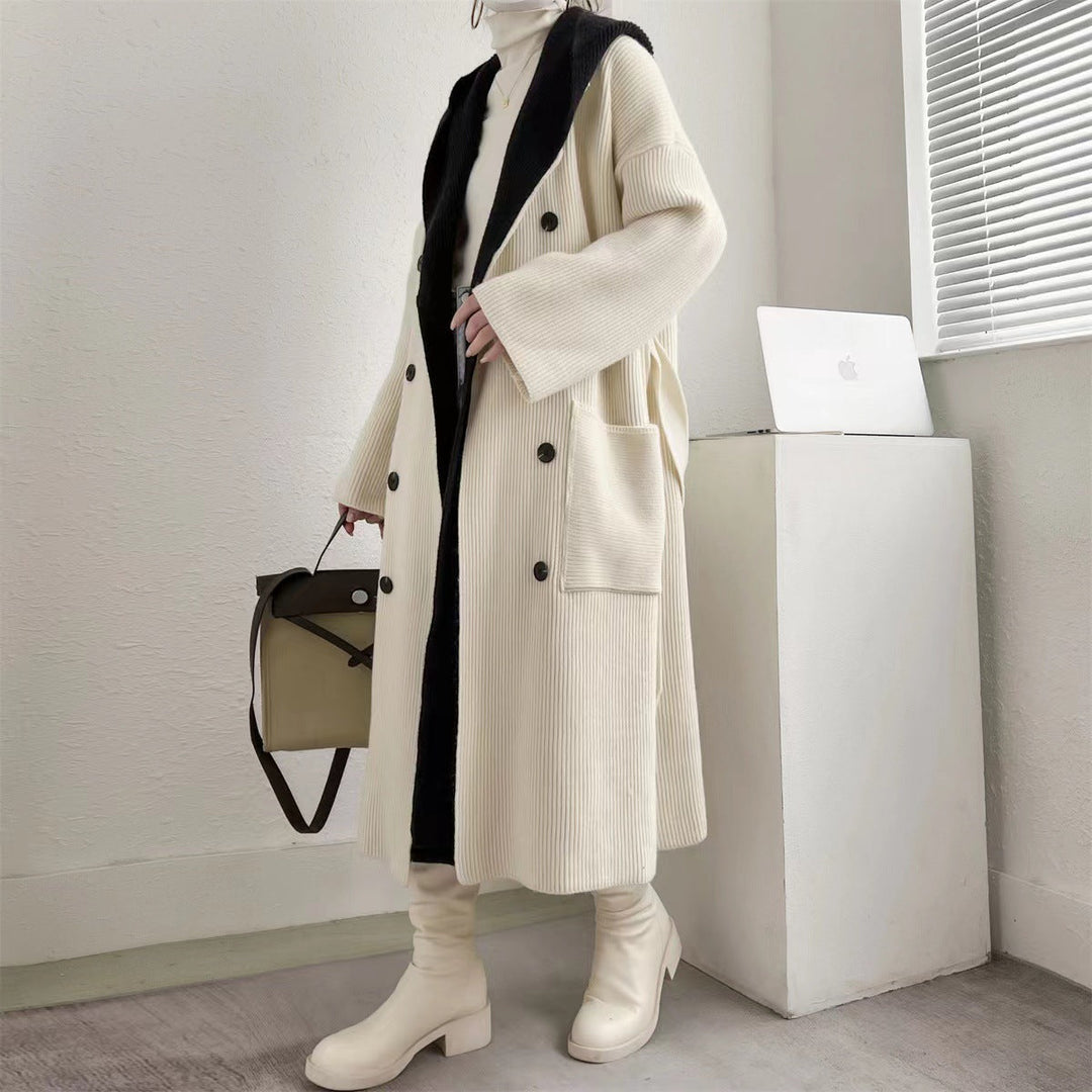 Ribbet Lang Cardigan Jakke med Knapper for Dame