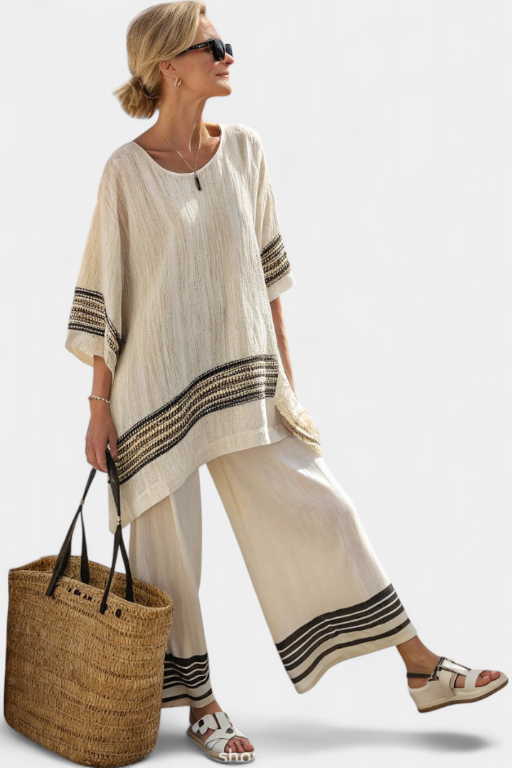 Harlowe | Elegant svartstripet lin topp og flytende bukser