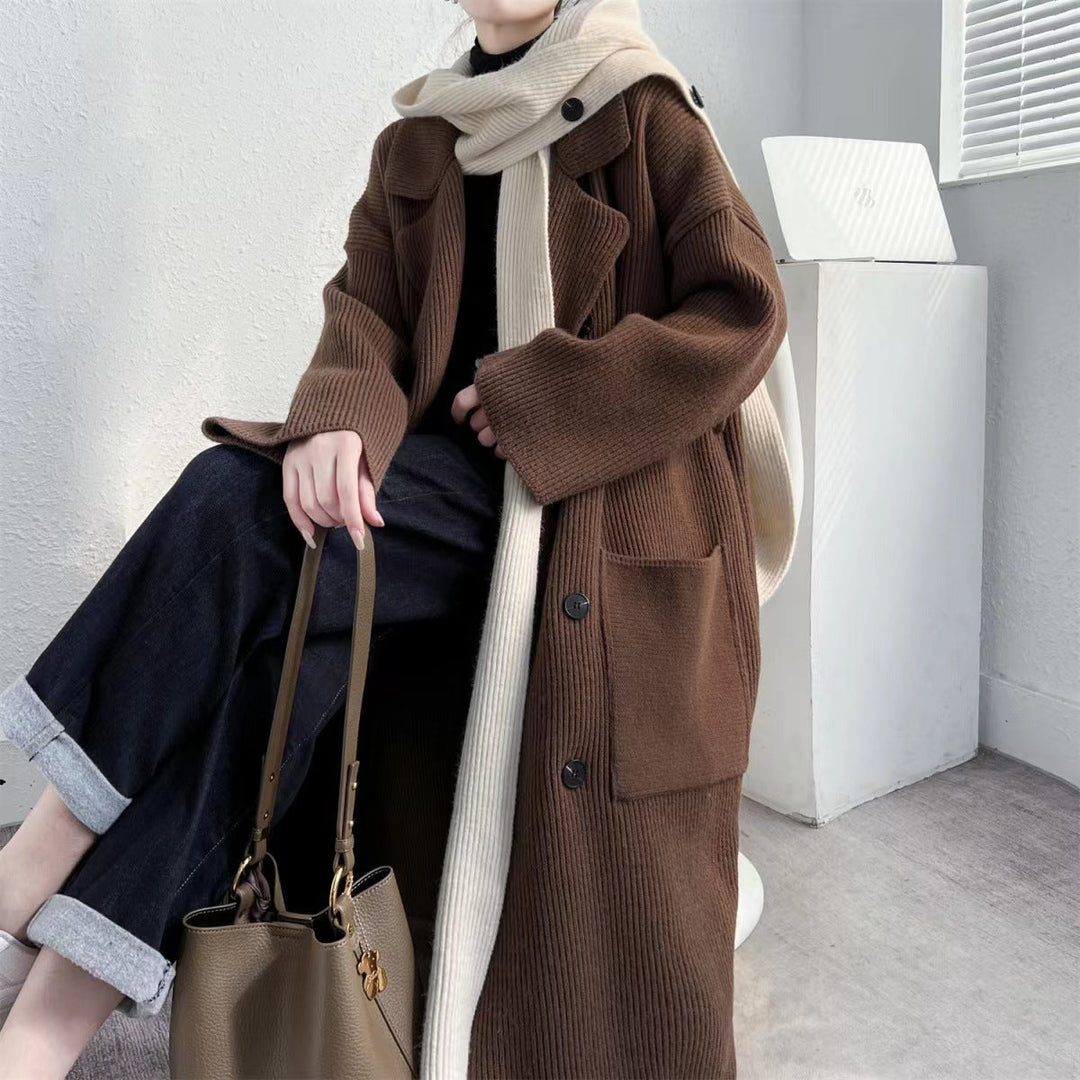 Ribbet Lang Cardigan Jakke med Knapper for Dame