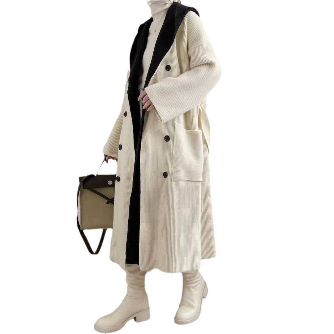 Ribbet Lang Cardigan Jakke med Knapper for Dame