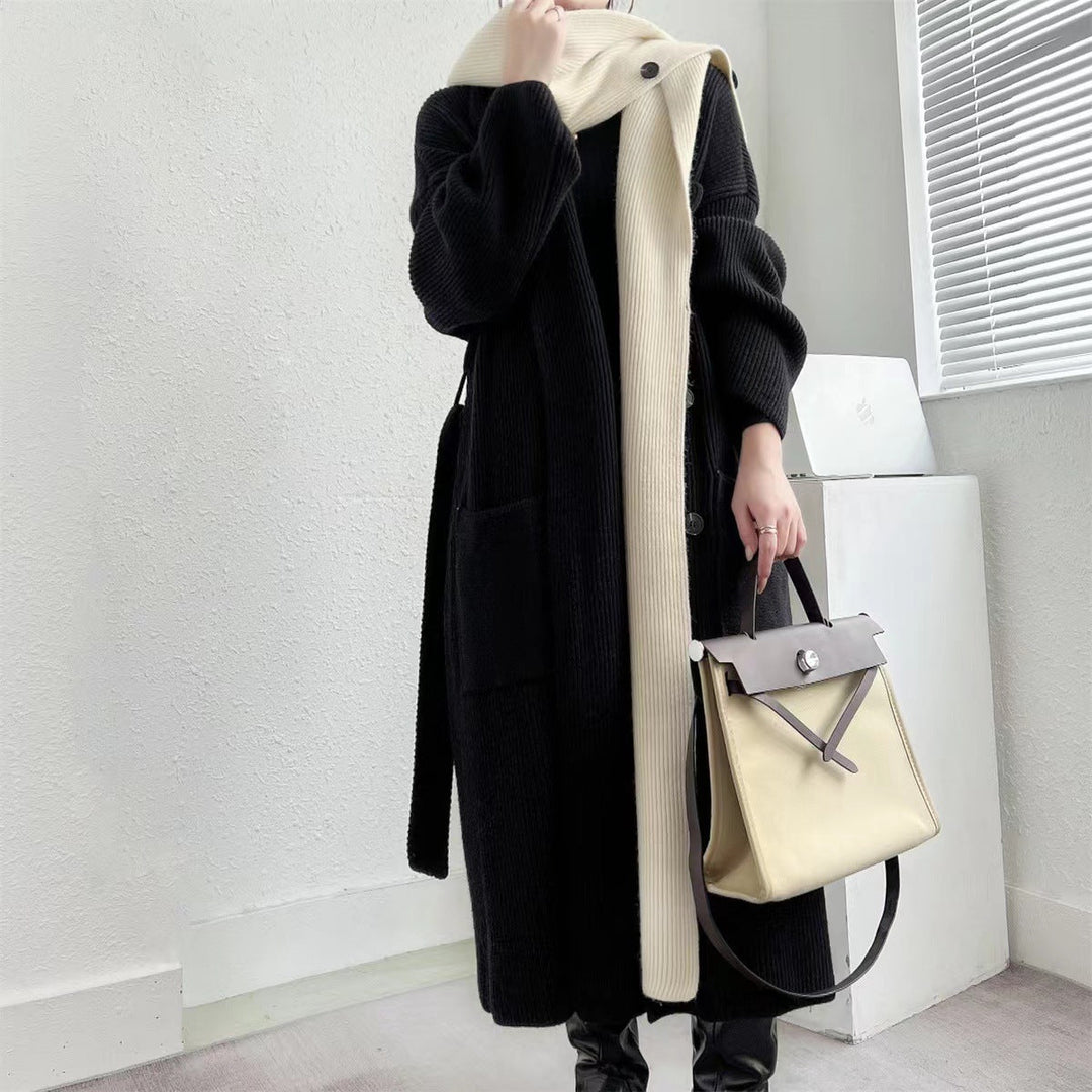 Ribbet Lang Cardigan Jakke med Knapper for Dame