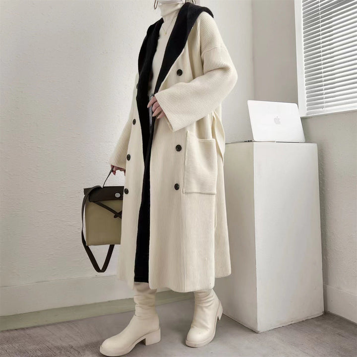 Ribbet Lang Cardigan Jakke med Knapper for Dame