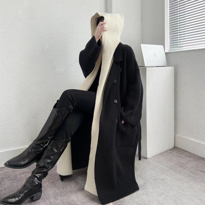 Ribbet Lang Cardigan Jakke med Knapper for Dame
